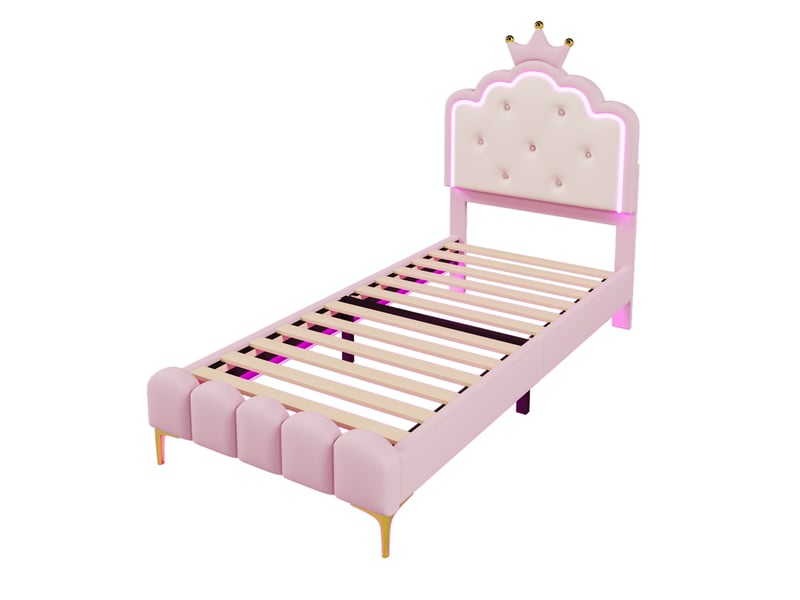  Lit enfant 90x200 cm en pu rose, éclairage d'ambiance télécommandé, style princesse, sommier  - Conforama D