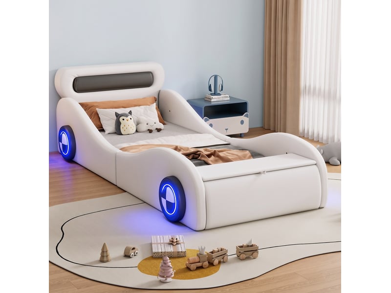  Lit enfant voiture rembourré 90x200 cm avec roues lumineuses blanc  - Conforama E