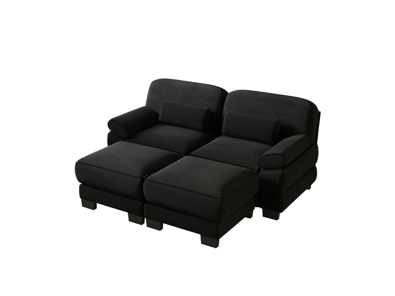  Canapé droit 2 places modulable avec 2 poufs en velours côtelé noir  - Conforama A