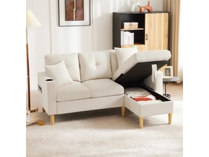 Canapé d'angle droit fixe <strong></strong> <strong></strong> 3 places Tissu beige avec coffre de rangement
