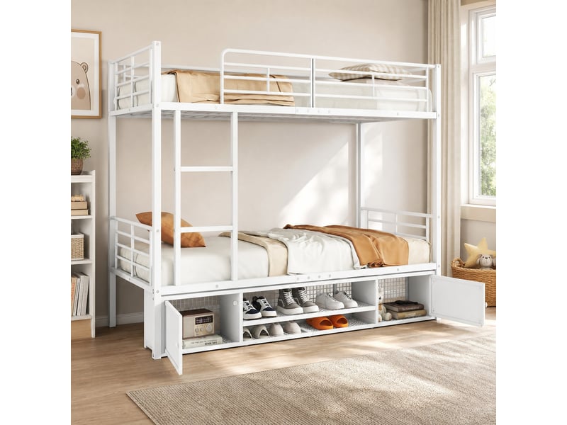  Lit superposé 90x200 cm en métal blanc avec rangement à chaussures  - Conforama C
