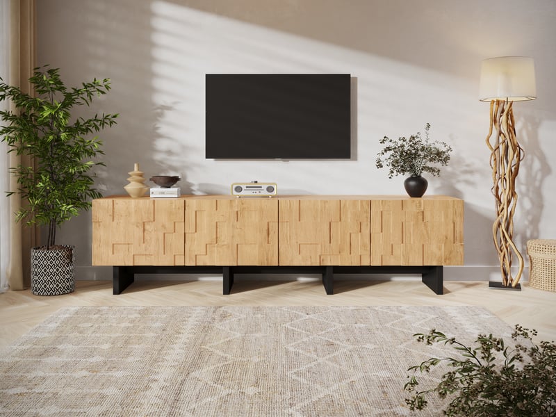  Meuble tv 180 cm pour écran 75 pouces, 4 portes gaufrées, 4 rangements, bois naturel  - Conforama D