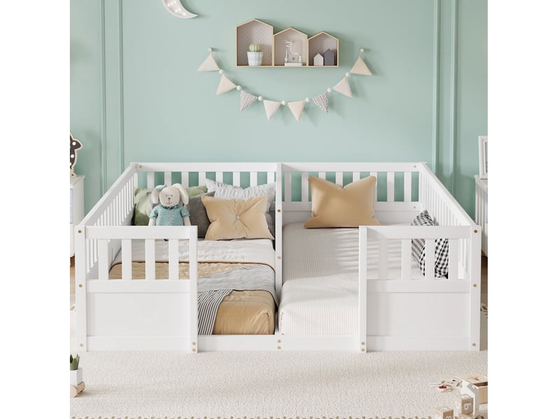 Lit double enfant 2x90x200 cm, lit au sol avec barrières hautes, blanc, sans matelas - Conforama W