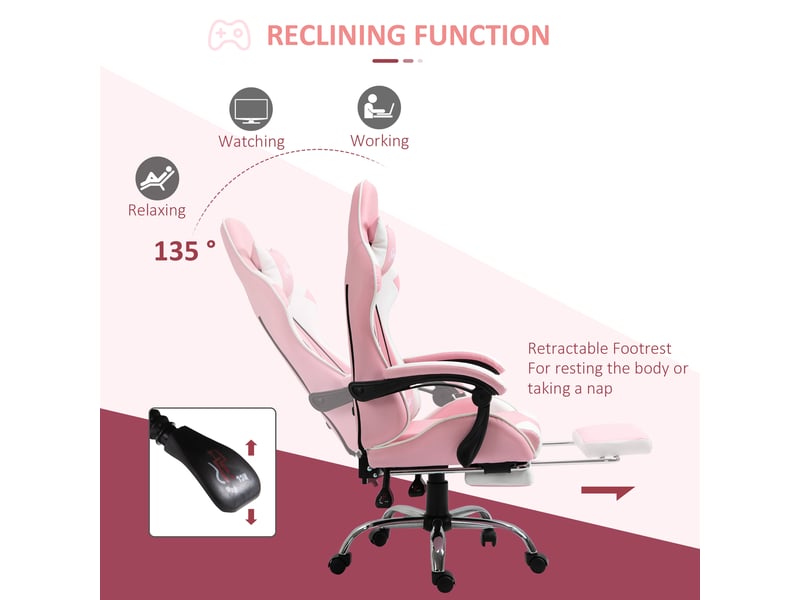 Chaise gaming ergonomique rose et blanche, réglable en hauteur, pivotante à 360°, avec appui-tête et coussin lombaire - Conforama E