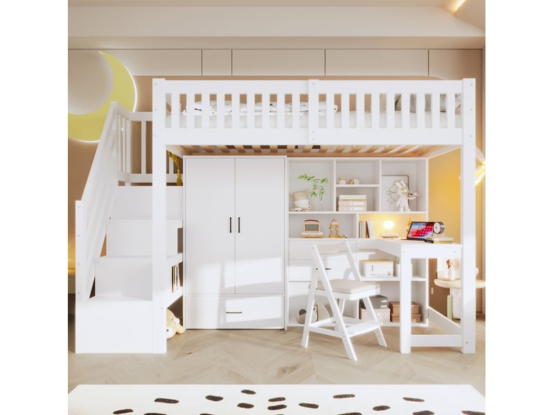  Lit mezzanine enfant 90x200 cm avec bureau, amoire et rangement blanc  - Conforama D
