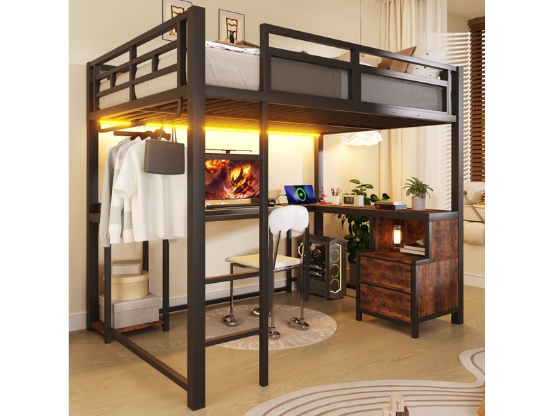  Lit mezzanine 140x200 cm led usb, bureau, rangements, penderie, métal bois, style industriel, noir sans matelas  - Conforama B