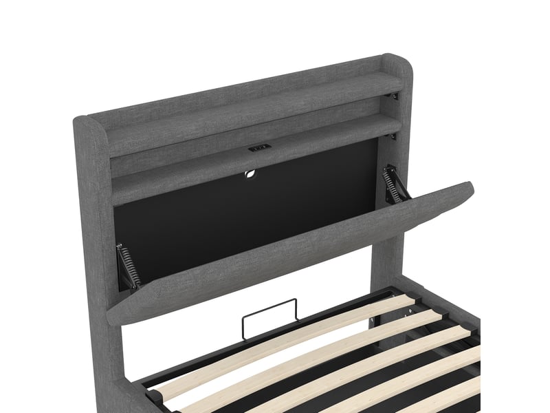  Lit coffre 90x200 cm en lin gris avec led, usb et type-c, tête de lit avec rangement  - Conforama R