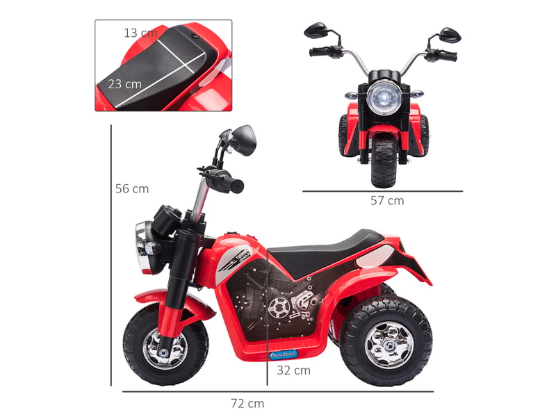  Moto électrique 3 roues enfant, lumièressons, 6v, 2 kmh, 18-36 mois, 72x57x56 cm, rouge.  - Conforama E