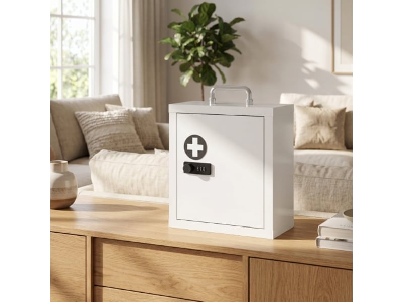  Armoire à pharmacie murale avec serrure à code, meuble de premiers secours en acier inoxydable blanc à 2 niveaux, rangement sécurisé  - Conforama B