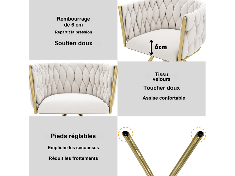 Lot de 4 chaises de salle à manger pivotantes 360° en velours beige et doré, pieds métal, dossier enveloppant - Conforama D