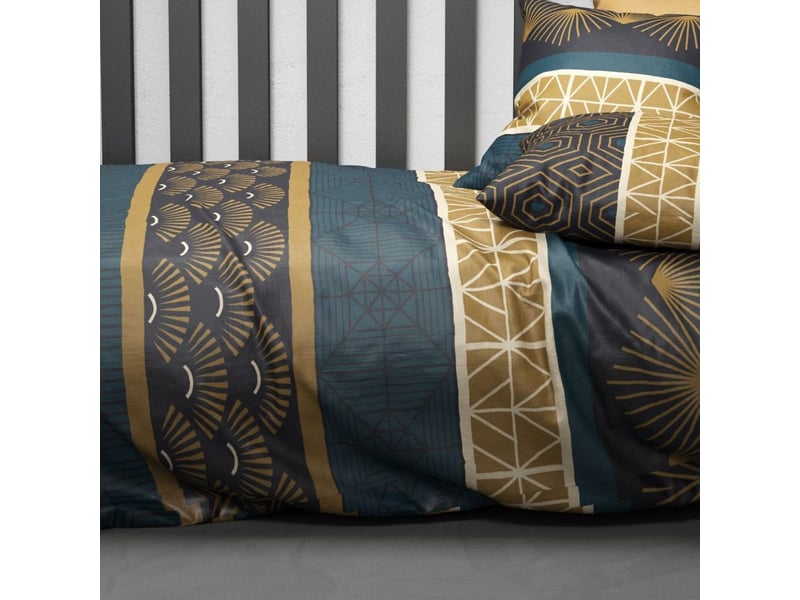  Parure housse de couette 240x220cm + 2 taies motif art-déco bleu et ocre 100% coton - lorik LORIK - Conforama C