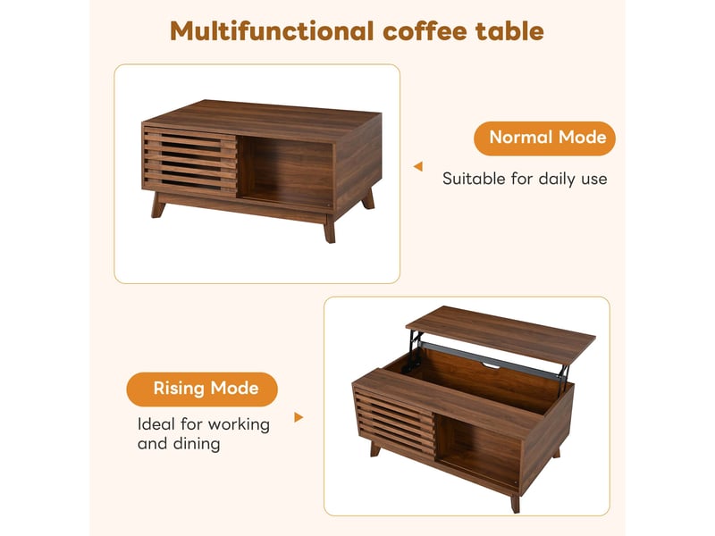 Table basse relevable 90 × 55 cm avec porte coulissante à lames et rangement, structure mdf finition noyer C-CRAFTLINK - Conforama D