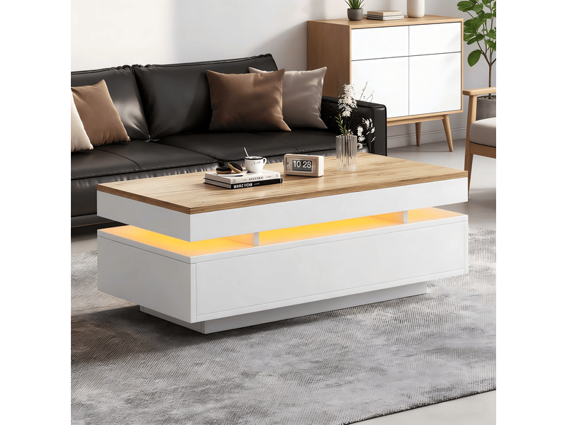  Table basse 100 x 50 x 35 cm avec 2 tiroirs, table d'appoint led laquée brillante, table à thé, console, table de salon, table basse, blanc et bois.  - Conforama B