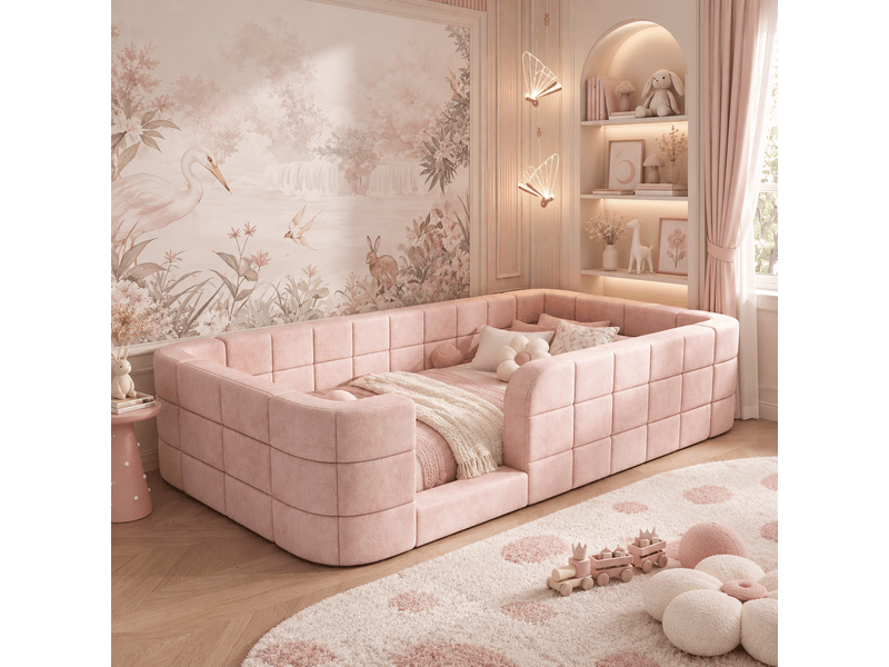  Lit enfant au sol 90x200 cm, rembourré en chenille, avec entourage rembourré et accès bas, avec sommier à lattes inclus, matelas non inclus, rose Luxe haut de gamme - Conforama W
