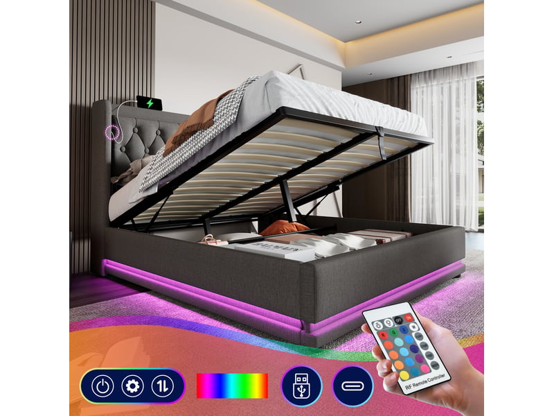  Lit coffre 140 × 200 cm 2 places avec led réglable, usb et type-c, rangement hydraulique, matelas inclus, gris  - Conforama B