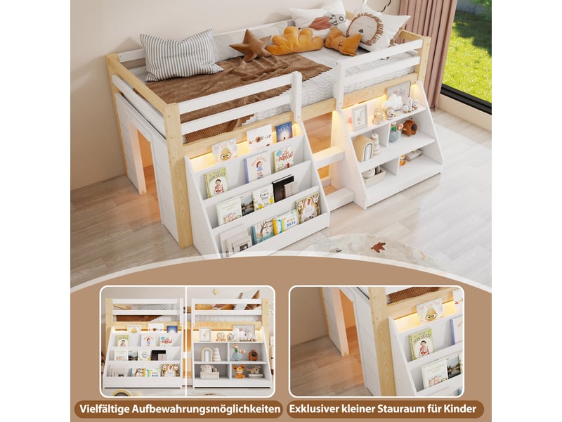  Lit mezzanine enfant 90x200cm en pin avec compartiments ouverts et led,lit superposé simple avec échelle et barrières de sécurité,sans matelas-blanc+naturel  - Conforama E