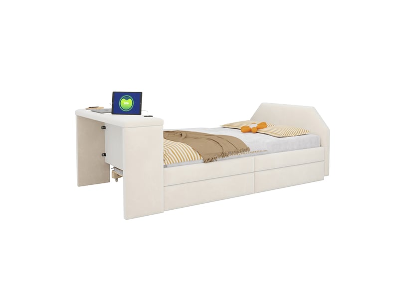  Lit simple enfant 90x200 cm beige tissu effet velours, bureau et lit gigogne avec port usb intégré  - Conforama A