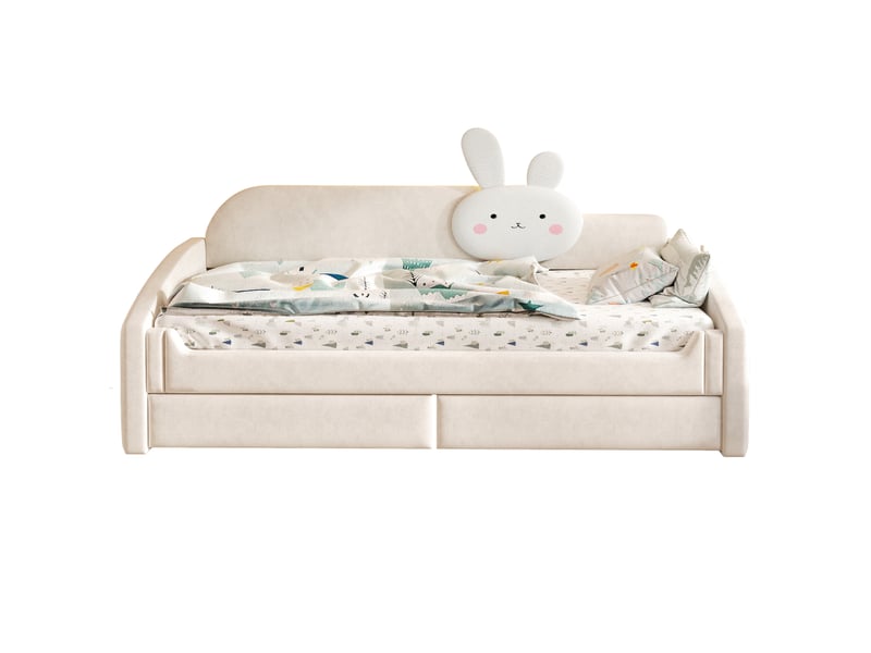 Lit banquette 90x200 cm - lit enfant simple avec 2 tiroirs et LED - dossier avec coussin lapin - velours - beige - Conforama A