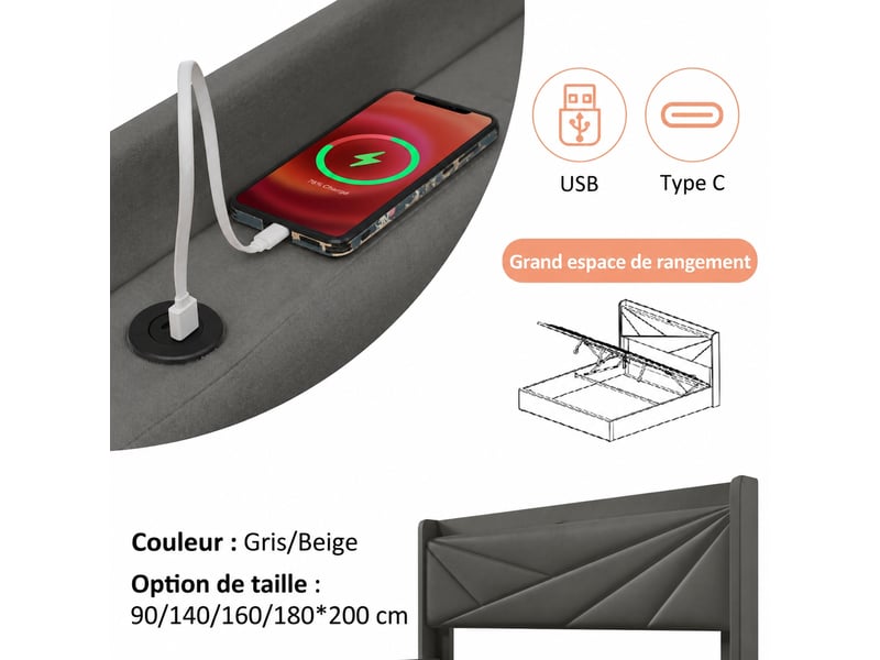  Lit une place avec coffre de rangement, matelas, usb et usb-c, gris, 90 x 200 cm  - Conforama E