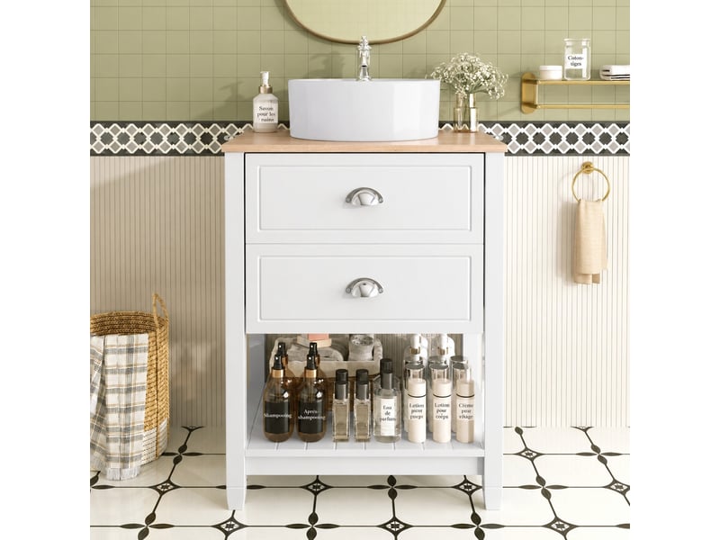  Meuble vasque salle de bains 60 cm blanc et bois clair avec vasque ronde en céramique  - Conforama E