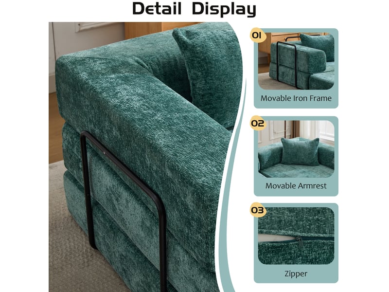  Canapé convertible au sol 2 places modulable avec fonction couchage sans montage en chenille vert foncé  - Conforama E