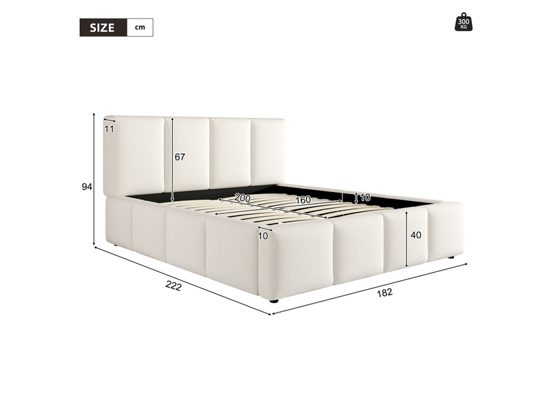  Lit double rembourré 160 x 200 cm avec sommier à lattes et tête de lit rembourrée, tissu bouclé beige Fay Lum - Conforama C
