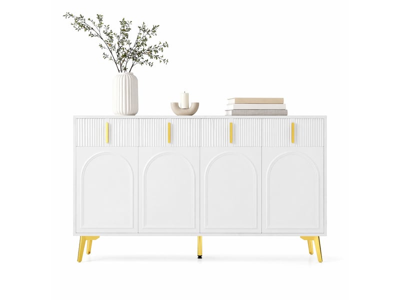 Buffet 4 portes et 4 tiroirs en mdf blanc avec détails dorés, 140 x 38 x 82 cm - Conforama A
