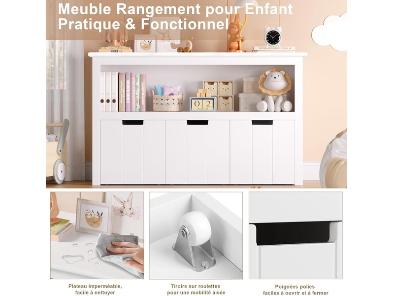  Meuble rangement jouet bibliothèque pour enfants étagère armoire de rangement avec 3 tiroirs roulants blanc 102x33x61.5cm  - Conforama E