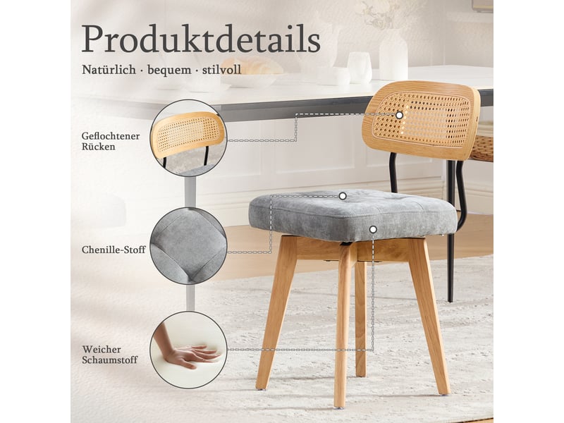 Chaise pivotante 360° lot de 2, chaises de cuisine style mid-century moderne, dossier tressé et assise rembourrée gris chenille - Conforama E