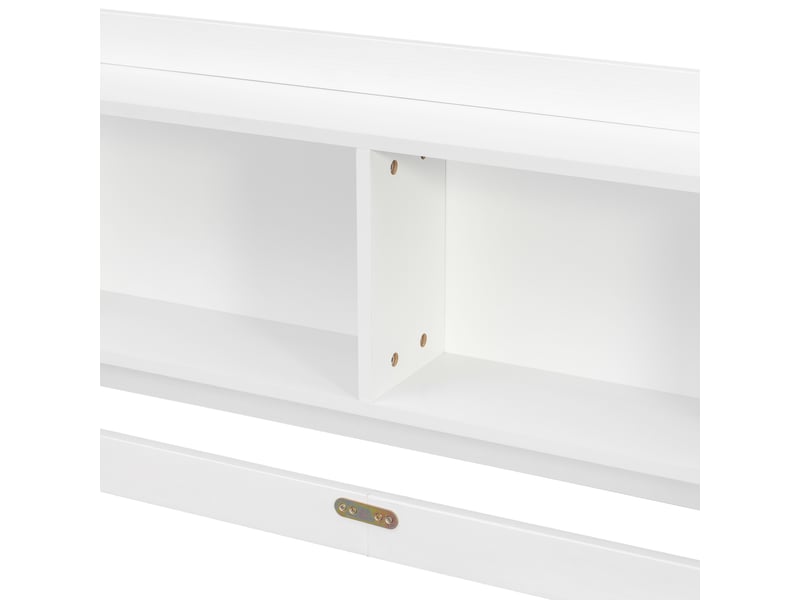  Lit cabane au sol 140 × 200 cm, 4 rangements intégrés, barrières et toit ouvert, pin et panneaux de bois, blanc  - Conforama E