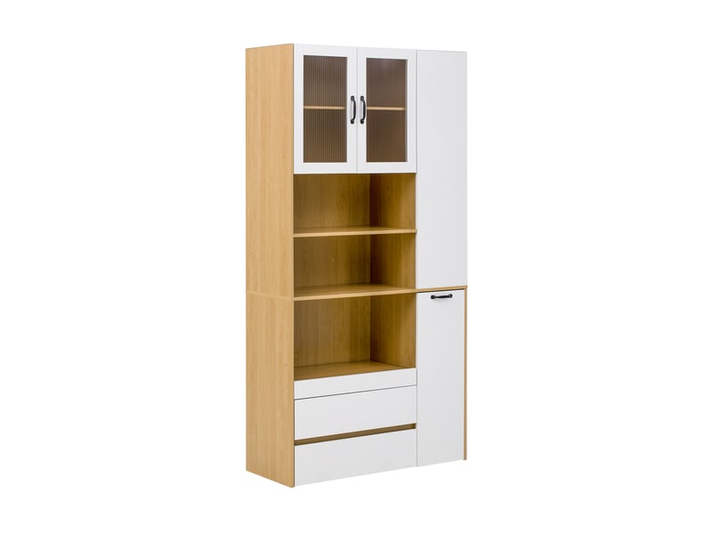  Vaisselier haut blanc et bois 200 cm, buffet avec portes en verre strié, meuble de rangement cuisine  - Conforama A