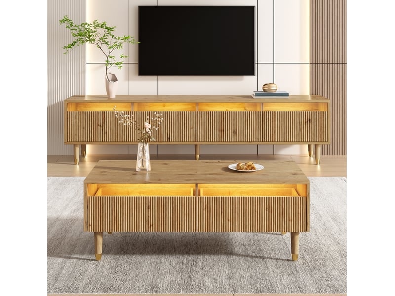  Meuble tv tcqpz 178 x 35 x 45 cm 4 portes led 7 couleurs app bois clair mdf avec table basse 2 tiroirs  - Conforama E