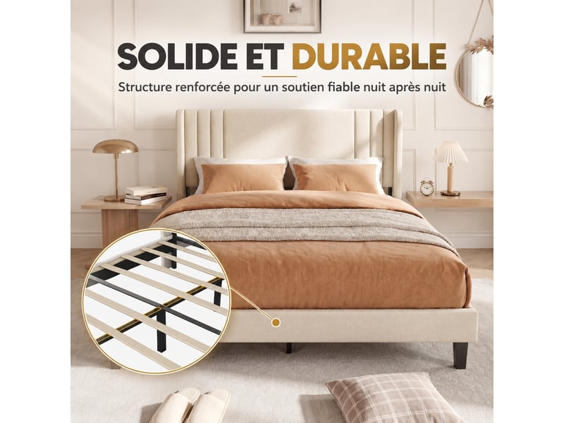  Lit adulte 140x200 cm, lit 2 places avec sommier à lattes, cadre de lit avec tête de lit capitonnée, lit double rembourré, lin beige  - Conforama E