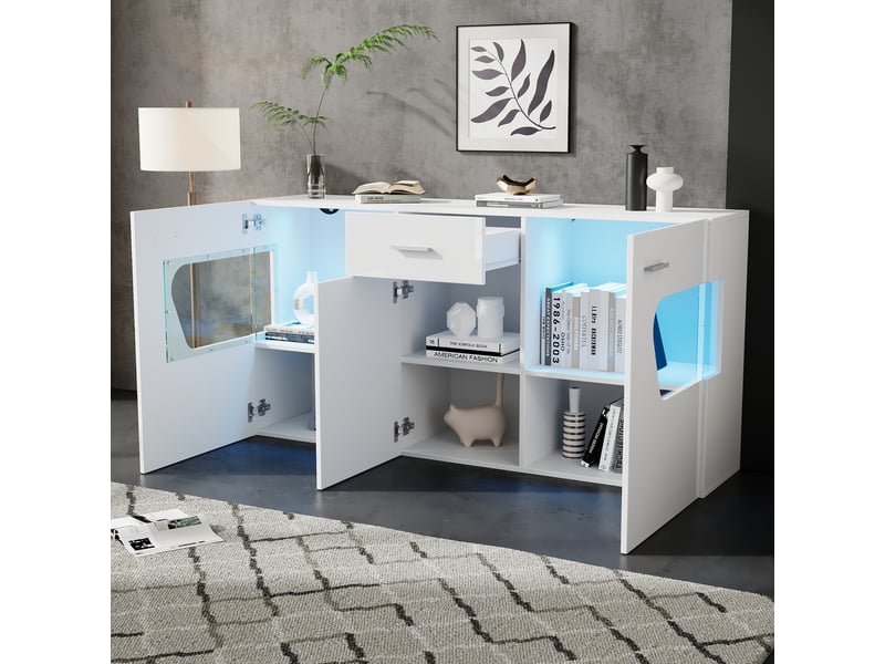  Buffet bas 140x33x70 cm avec led via appli, 3 portes, 1 tiroir, 8 rangements, verre trempé, façade blanc brillant, meuble salon et séjour  - Conforama D