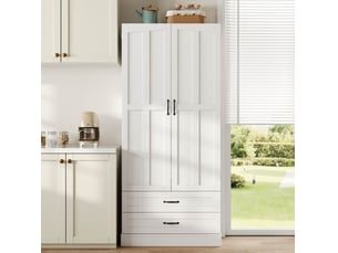 Armoire de cuisine avec 3 étagères coulissantes, 2 tiroirs et double porte, en mdf blanc