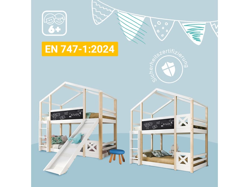  Lit cabane avec toboggan et échelle 90x200 cm, lit enfant blanc et nature en bois massif avec sommier  - Conforama D