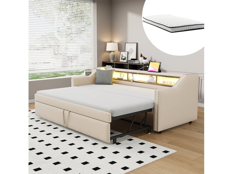  Modenvie canapé-lit gigogne 90x190180x190 cm - avec led, port usb et sommier inclus - beige  - Conforama B