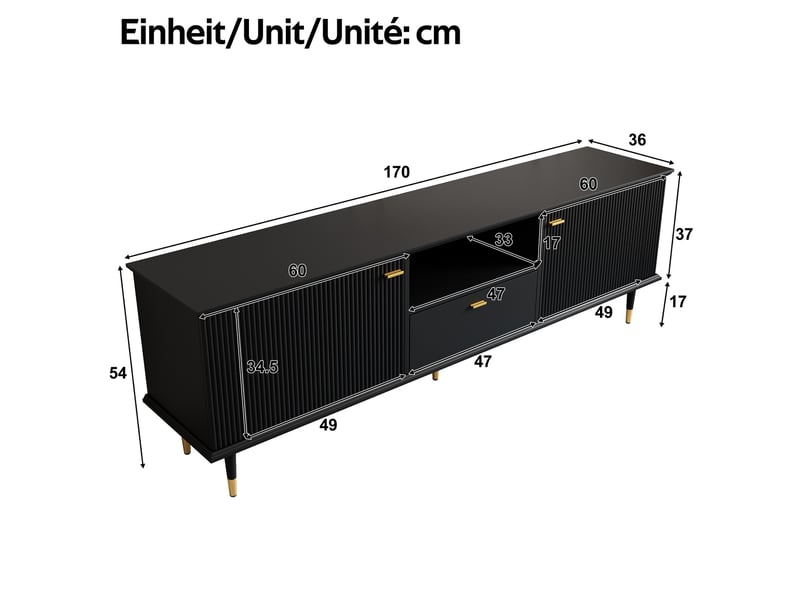  Meuble tv bas 170x36x54 cm avec 2 portes, 1 tiroir, armoire de rangement, style moderne, pour salon, bureau, mdf, noir  - Conforama C