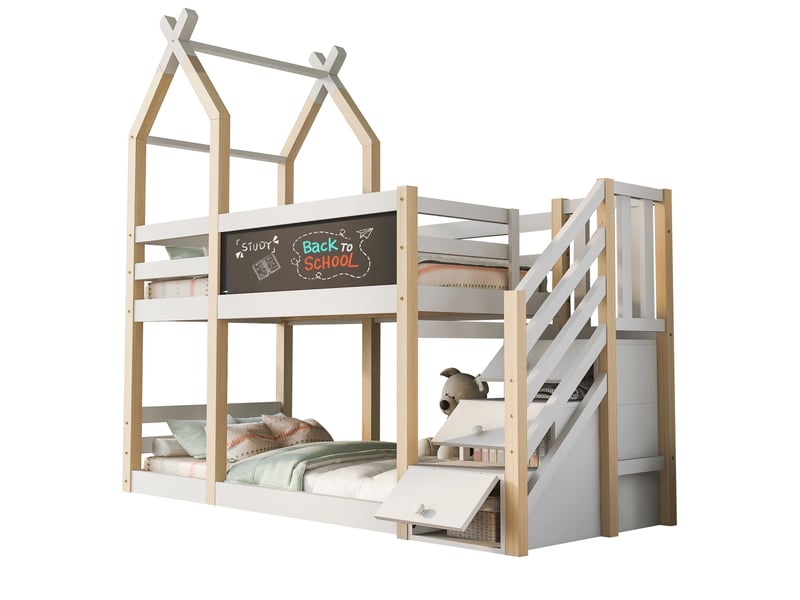  Lit superposé enfant 90x200 cm avec rangements et escalier coffre, blanc, sans matelas  - Conforama A