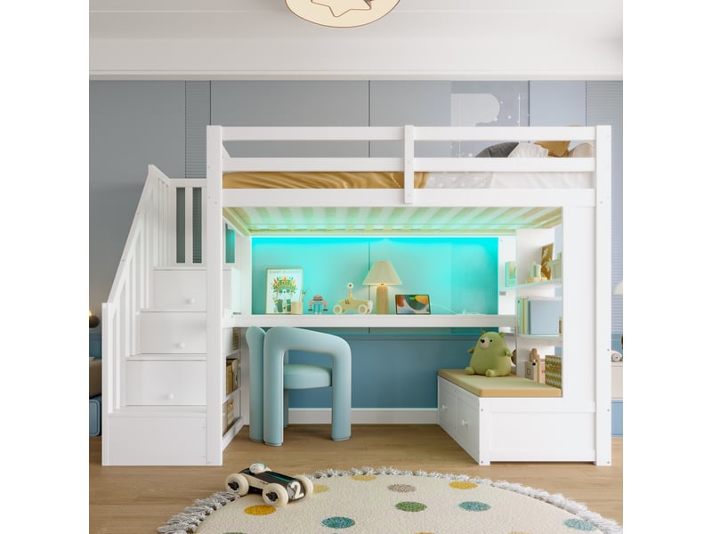 Lit mezzanine enfant 90x200 cm avec bureau intégré, escalier avec rangement, led, étagères et tiroirs, structure en bois - blanc - Conforama D