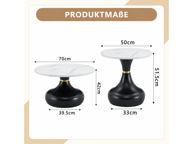  Lot de 2 tables basses rondes ø 70 et 50 cm, table d'appoint, plateaux effet marbre blanc, piètements noirs et dorés - noir et blanc  - Conforama D