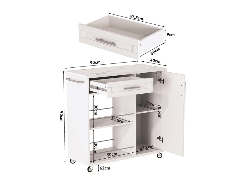 Desserte de cuisine 90x40x90 cm blanche effet marbre avec tiroir et roulettes - Conforama C
