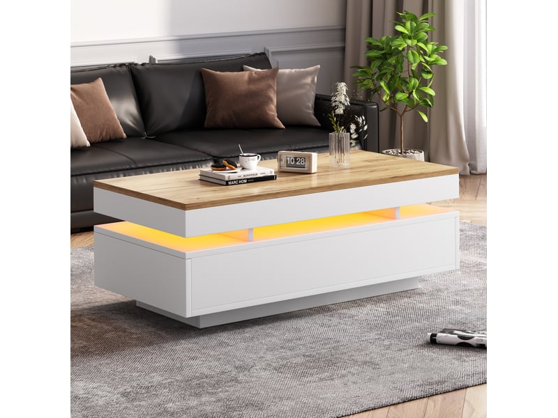  Table basse led 2 tiroirs blanc + ton bois 100 x 50 x 35 cm  - Conforama C