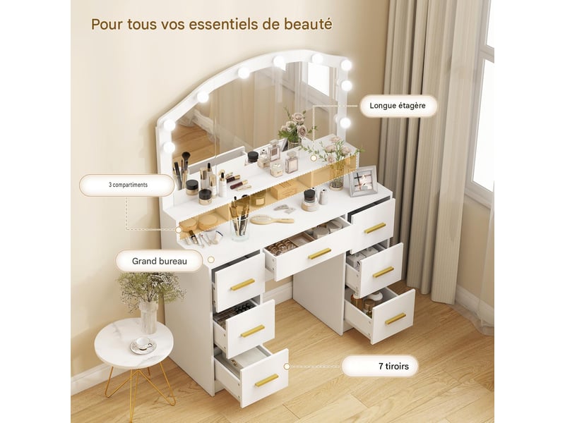  Coiffeuse avec miroir et 10 led 7 tiroirs en mdf blanc 110 x 40 x 150 cm  - Conforama E