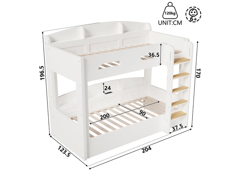  Lit superposé enfant 2 places 90×200 cm avec usb et étagères - okmyhome- sans matelas, bois et mdf - blanc  - Conforama D