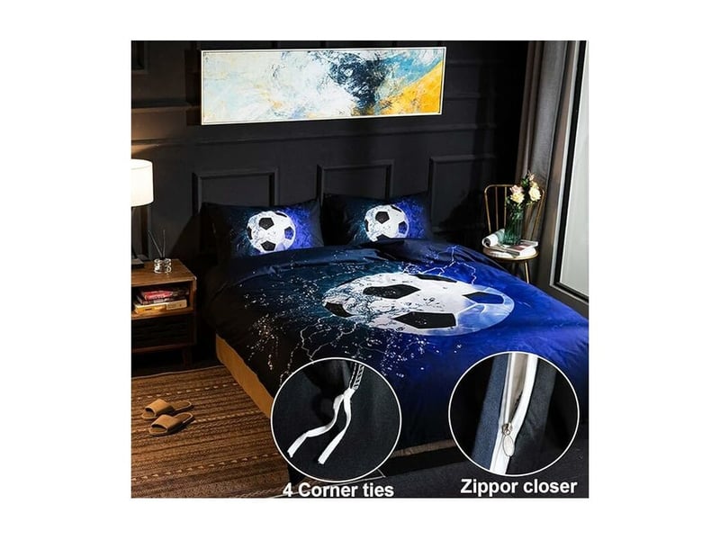 Housse de couette 200cm x 200cm modèle de football - parure de lit en microfibre 2 personnes avec fermeture éclair, housse couette avec 2 taie d'oreiller 50 x 75 cm (bleu)  - Conforama B
