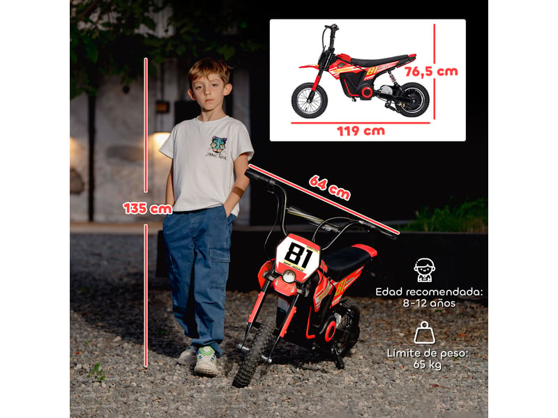 Moto électrique 24 v pour enfants, moteur 250 w, vitesse de 6 à 16 kmh, roues de 12 pouces, rouge. Convient aux enfants de 8 à 12 ans. - Conforama E