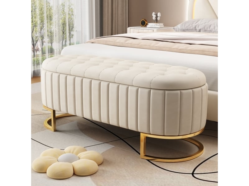  Banc de lit rembourré en velours avec rangement et pieds en métal doré,beige banc de lit beige - Conforama D