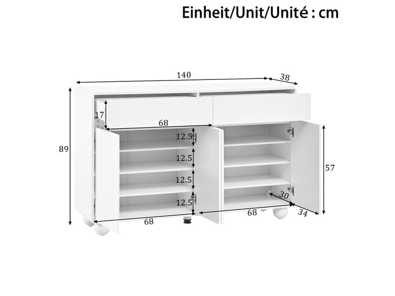 Buffet de salon à portes incurvées, meuble de rangement moderne en aggloméré et mdf, pieds ronds en métal, blanc - Conforama C