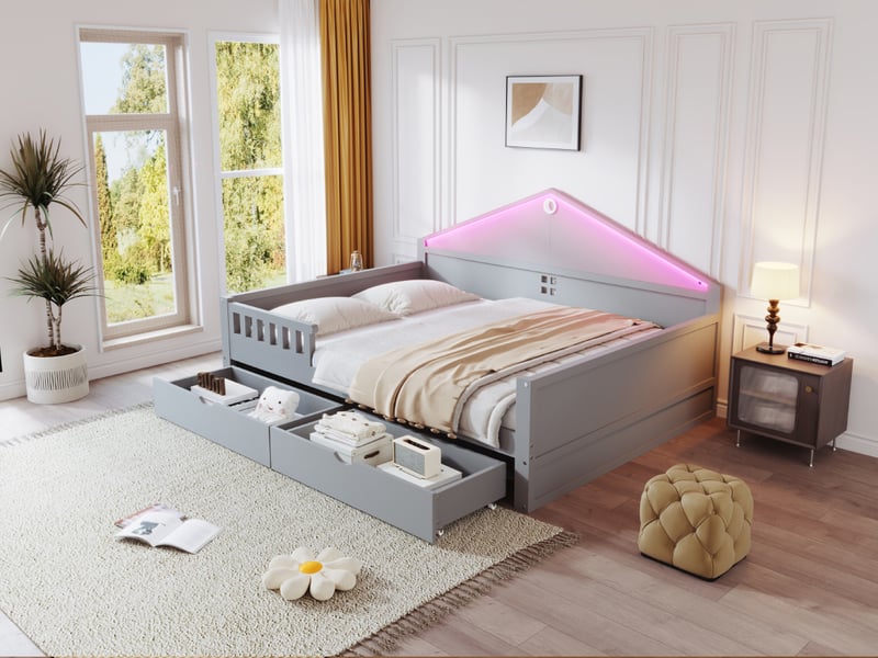  Lit enfant 140x200 cm gris bois massif mdf avec sommier à lattes deux tiroirs rangement et bandeau led Sol Morn - Conforama D